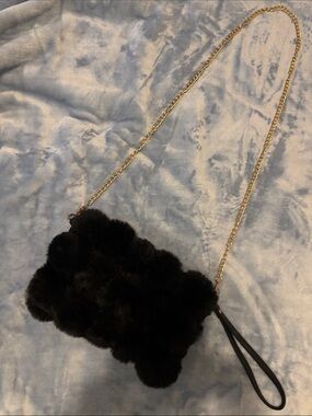 Black Faux Fur Crossbody Bag with Gold Chain